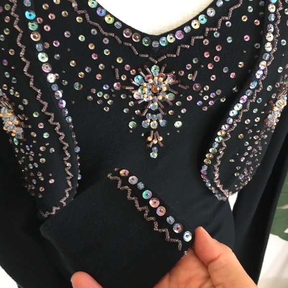 BEADED sequins black sweater twinset - Picture 4 of 8